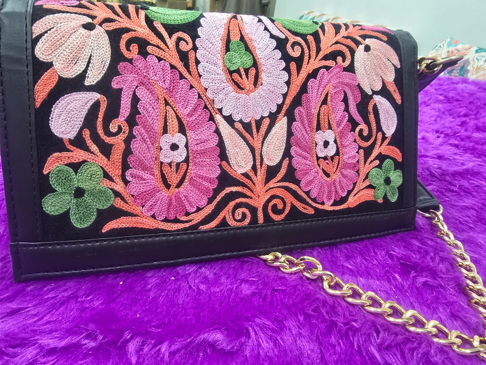 Handmade boho style leather bag, crewel embroidery hand bag for women,Ethnic Old Vintage Style Hobo Boho Tote Thai Shoulder Shoppers Bag